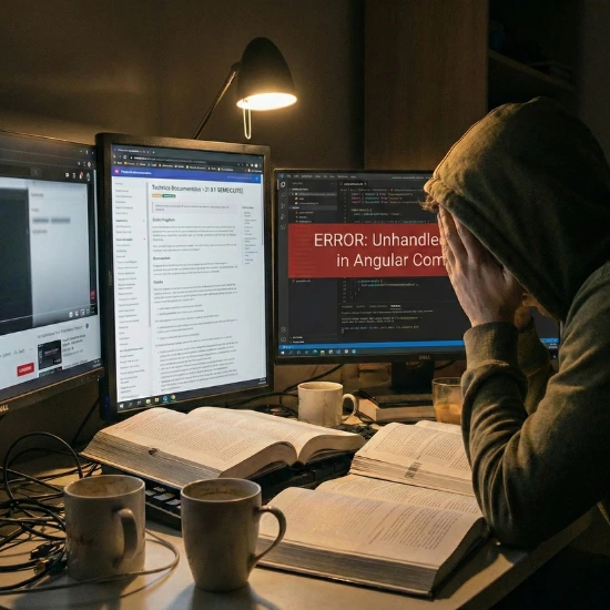 Homem cansado sentado na mesa com três monitores e livros abertos na sua frente