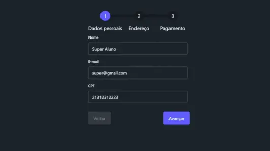 Vídeo demo do stepper com três etapas representadas por rotas.