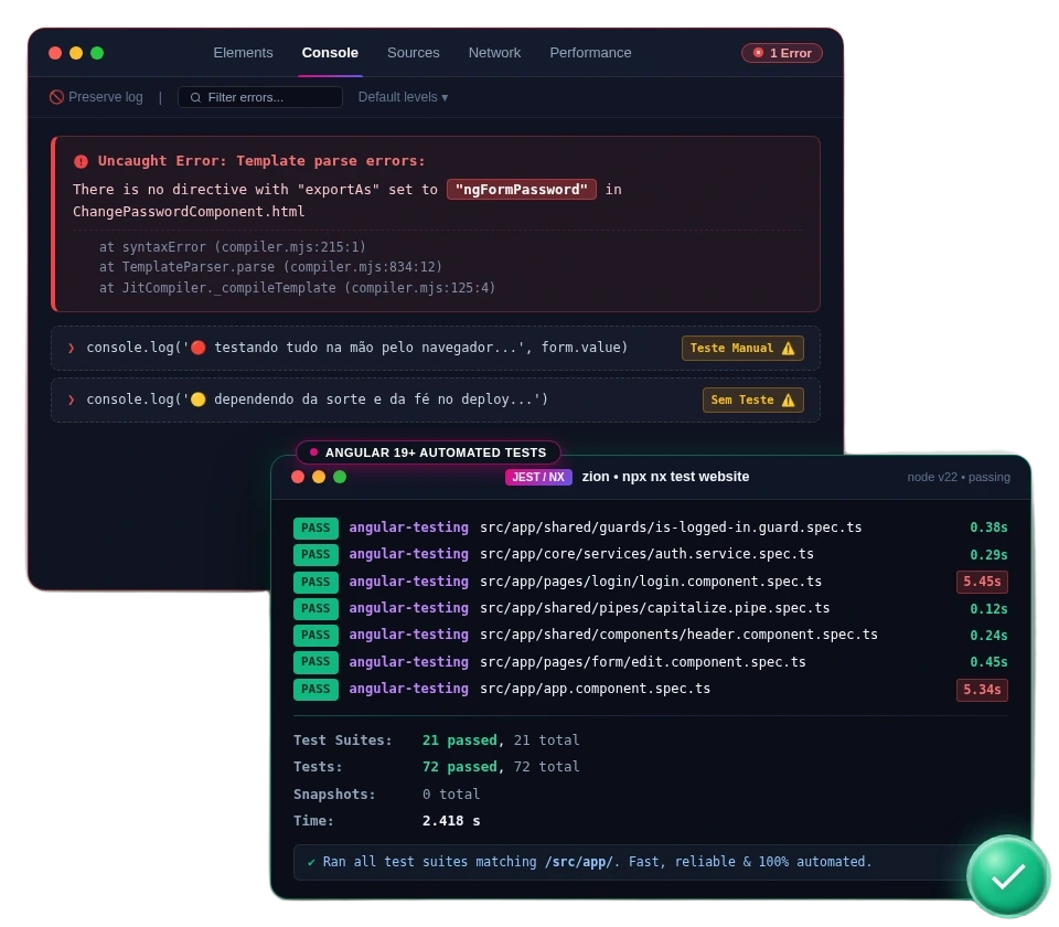 Erros de testes manuais versus testes automatizados passando no Angular